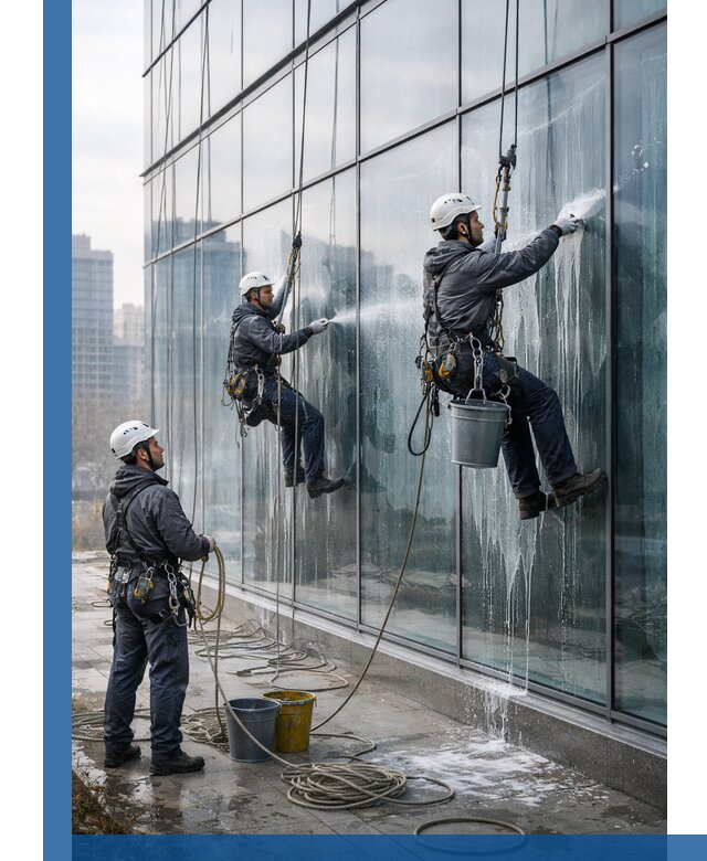 Промышленная мойка панорамных окон на высоте в Балашихе