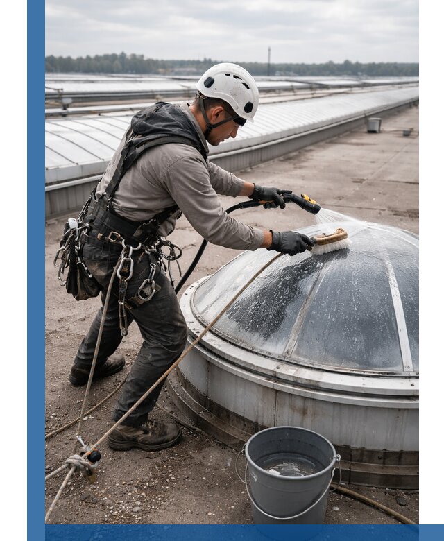 Мойка зенитных фонарей на кровле для промышленных объектов в Балашихе