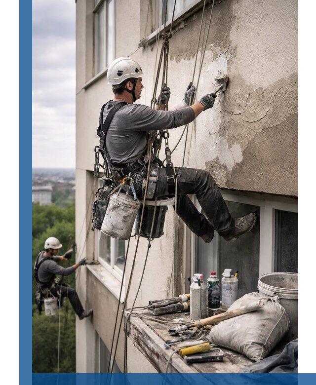 Косметический ремонт фасада зданий в Балашихе промышленными альпинистами