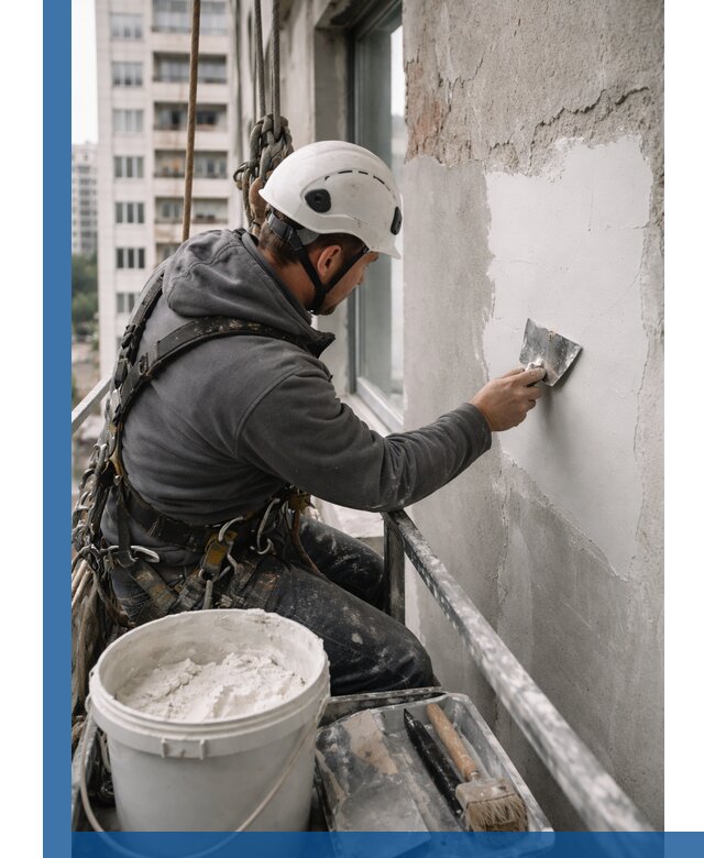 Шпаклевка фасадов на высоте с промальпинистами в Балашихе