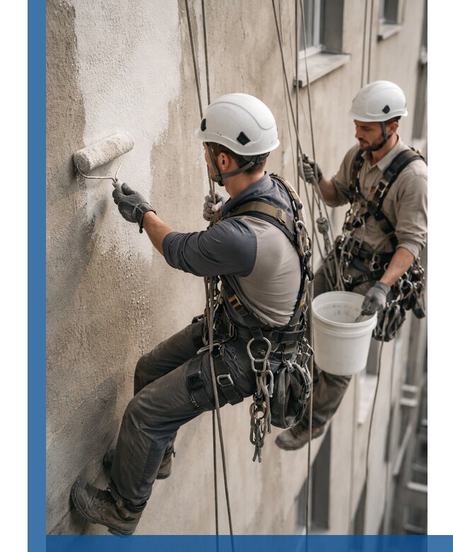 Грунтовка фасада на высоте в Балашихе промышленными альпинистами