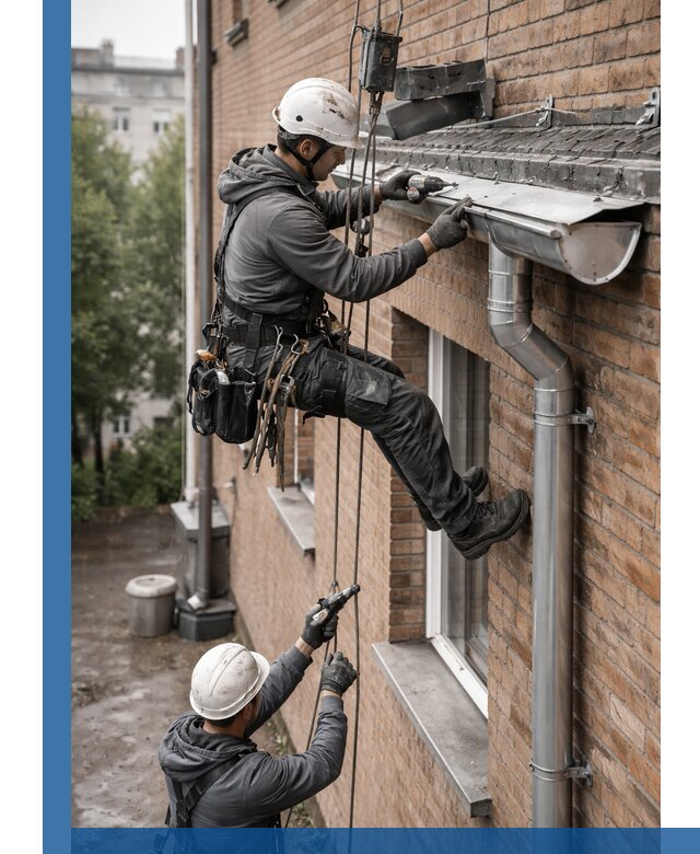 Монтаж водосточной системы на здании в Балашихе под ключ