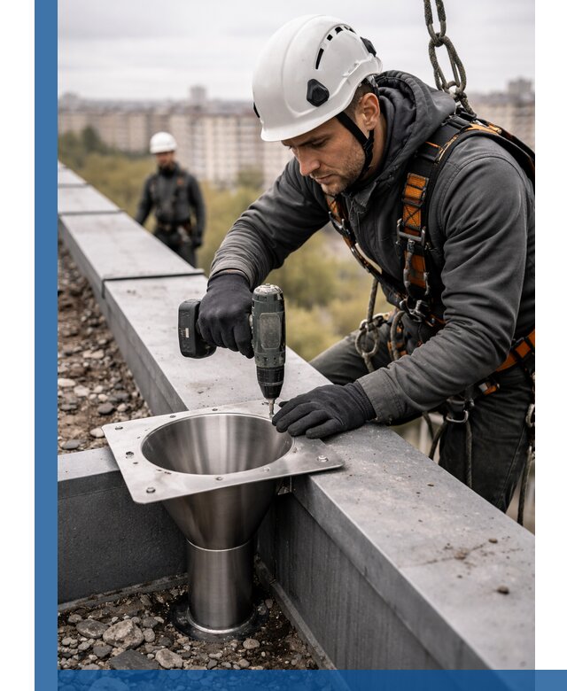 Монтаж водосточных воронок в Балашихе для промышленных зданий