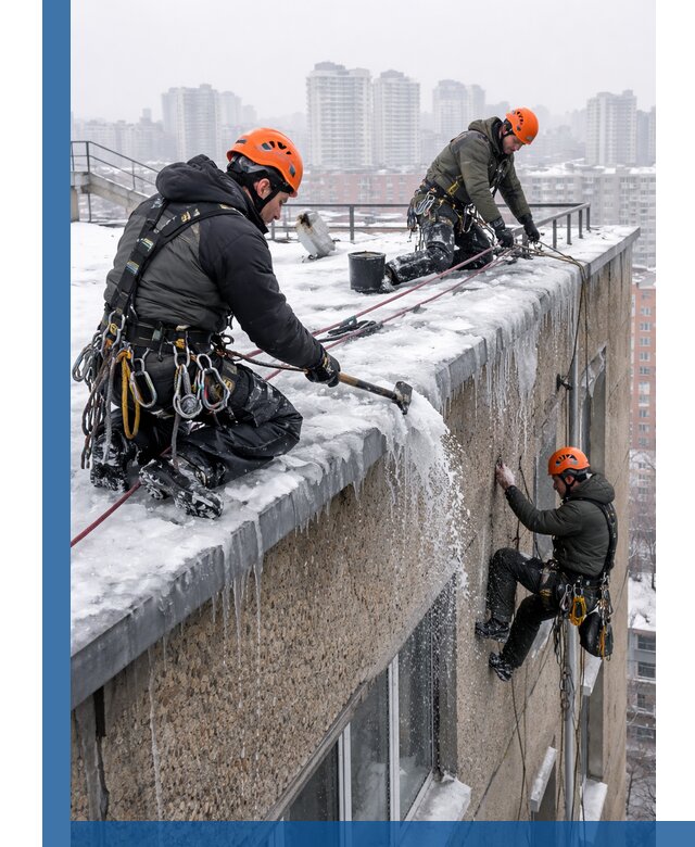 Удаление наледи с кровли в Балашихе промышленными альпинистами