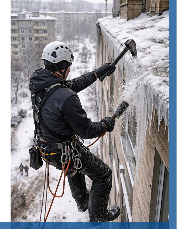 Сбивание сосулек с крыши в Балашихе по цене от 4614 р. | ВЫСОТНИК-Блш