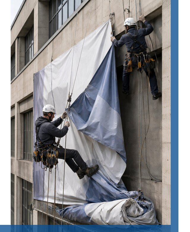 Демонтаж баннеров с фасада в Балашихе от 4614 р. | ВЫСОТНИК-Блш