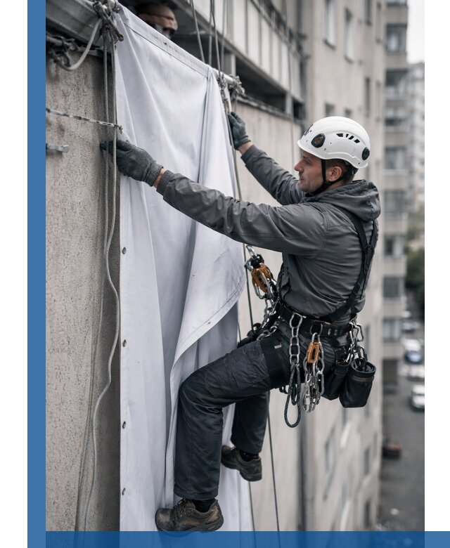 Замена баннерного полотна промышленными альпинистами в Балашихе