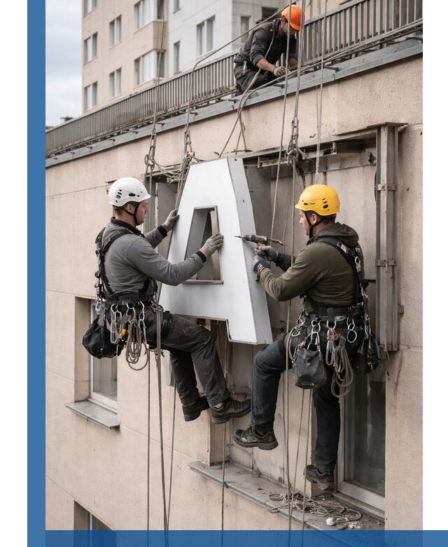 Ремонт и восстановление наружных вывесок на высоте в Балашихе