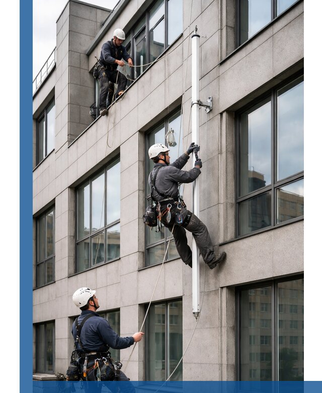 Монтаж флагштока на фасаде здания с креплением и герметикой в Балашихе