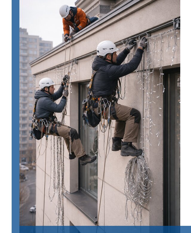 Монтаж праздничных гирлянд на фасаде в Балашихе для зданий