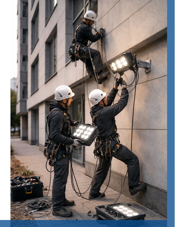 Монтаж прожекторов на фасаде в Балашихе от 7690 р. | ВЫСОТНИК-Блш