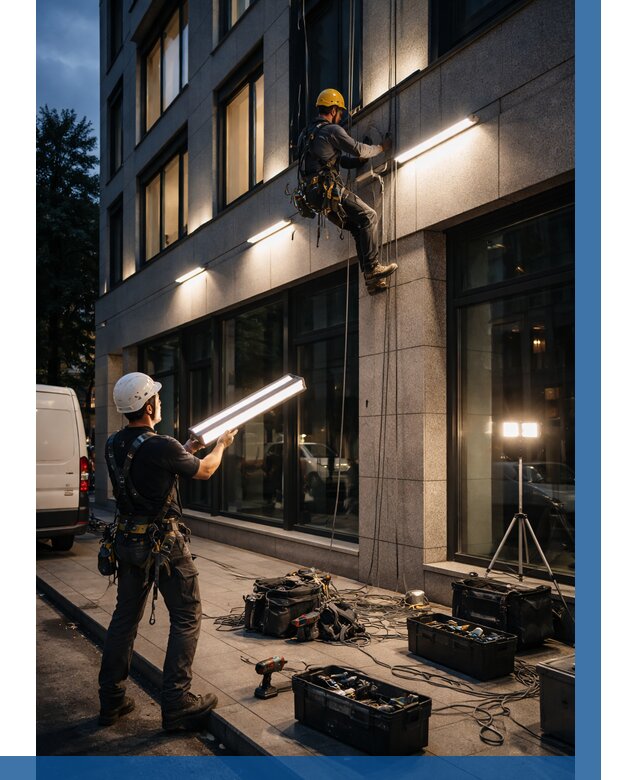 Монтаж архитектурной подсветки здания в Балашихе от 2563 р.|ВЫСОТНИК-Блш