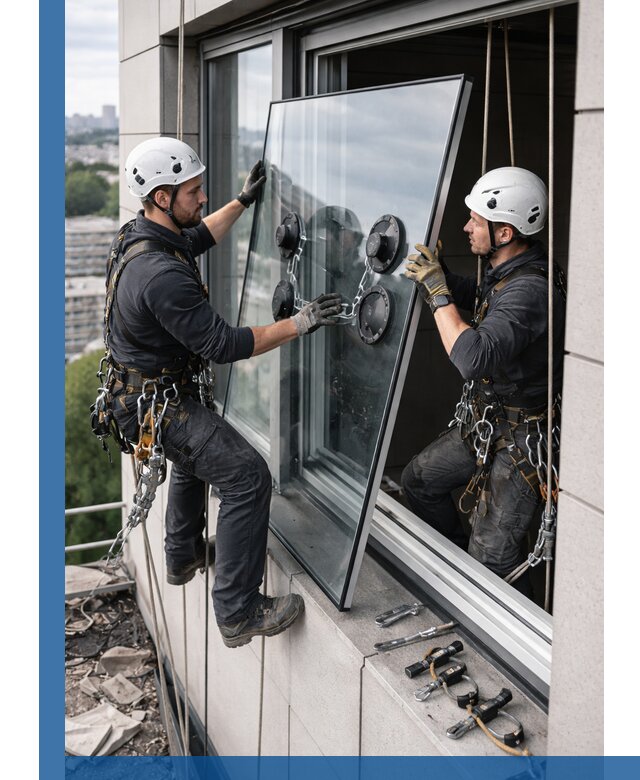 Замена стеклопакетов на высоте с промышленными альпинистами в Балашихе