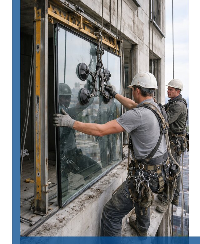 Монтаж стеклопакетов на высоте в Балашихе с промышленным альпинизмом