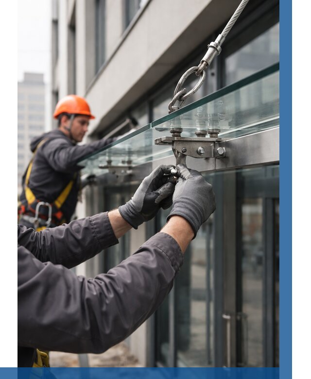 Монтаж стеклянных козырьков в Балашихе от 8715 р. | ВЫСОТНИК-Блш