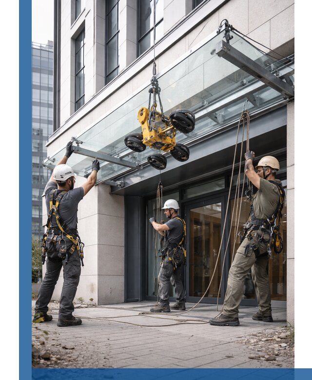 Монтаж стеклянных козырьков под ключ в Балашихе для зданий