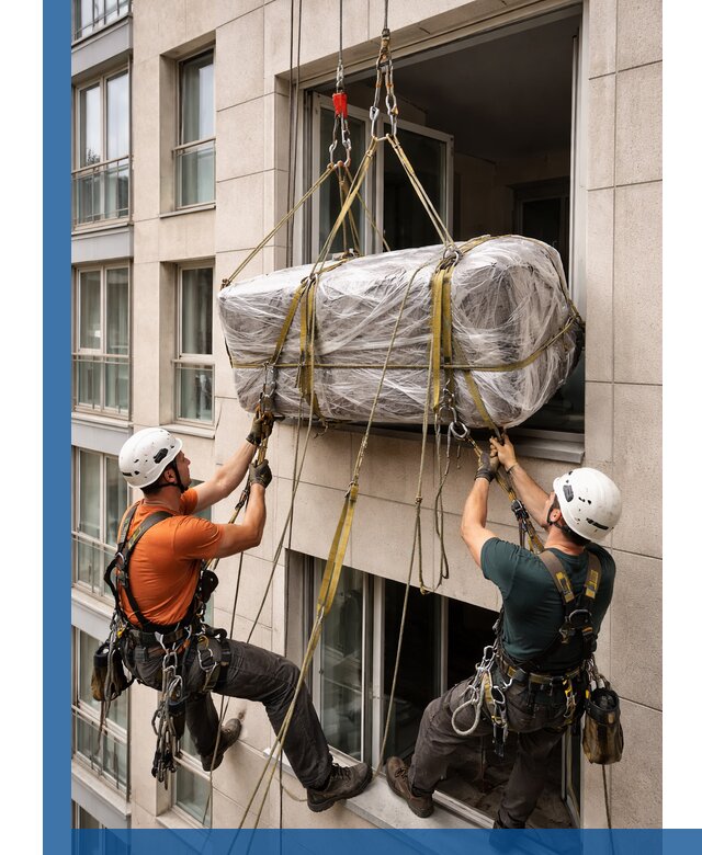 Подъем грузов через окно в Балашихе промышленными альпинистами