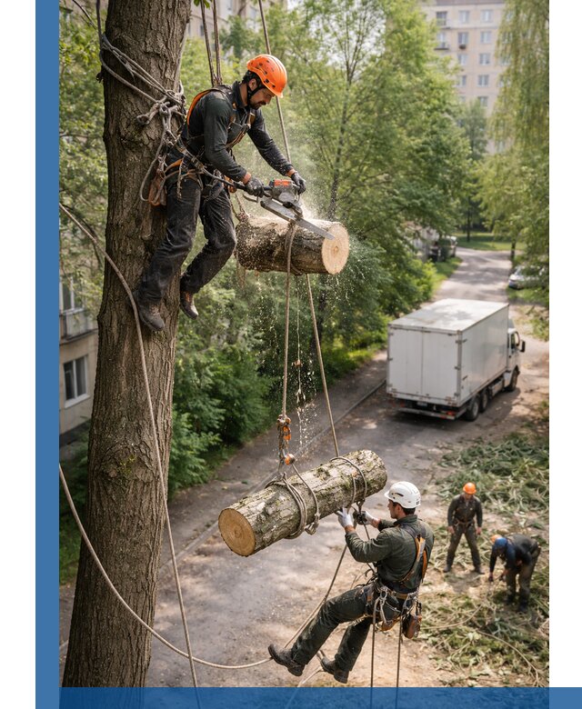 Спил деревьев альпинистами в Балашихе, безопасно и без повреждений