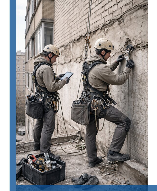 Обследование фасада промышленными альпинистами в Балашихе